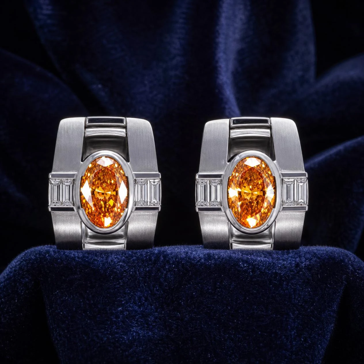 Signore Saldo, 2.52 ct tw oval lab grown diamond men’s earrings in 14K white gold (front view)