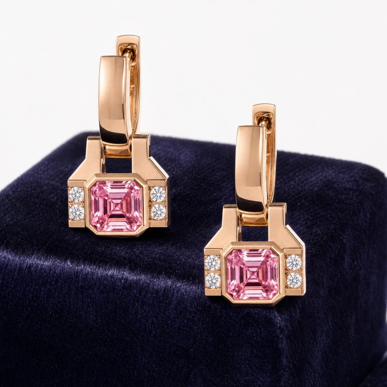 Tuono Eterno, 2.04 ct tw asscher lab grown diamond men’s earrings in rose gold (front view)