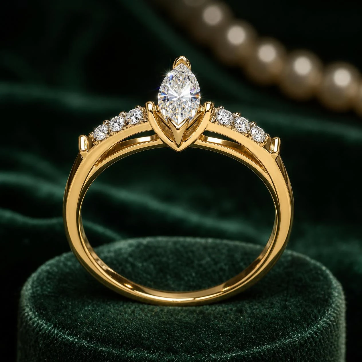 Rosa Vivace, 0.52 ct tw marquise lab grown diamond ring in 14K yellow gold (front view)
