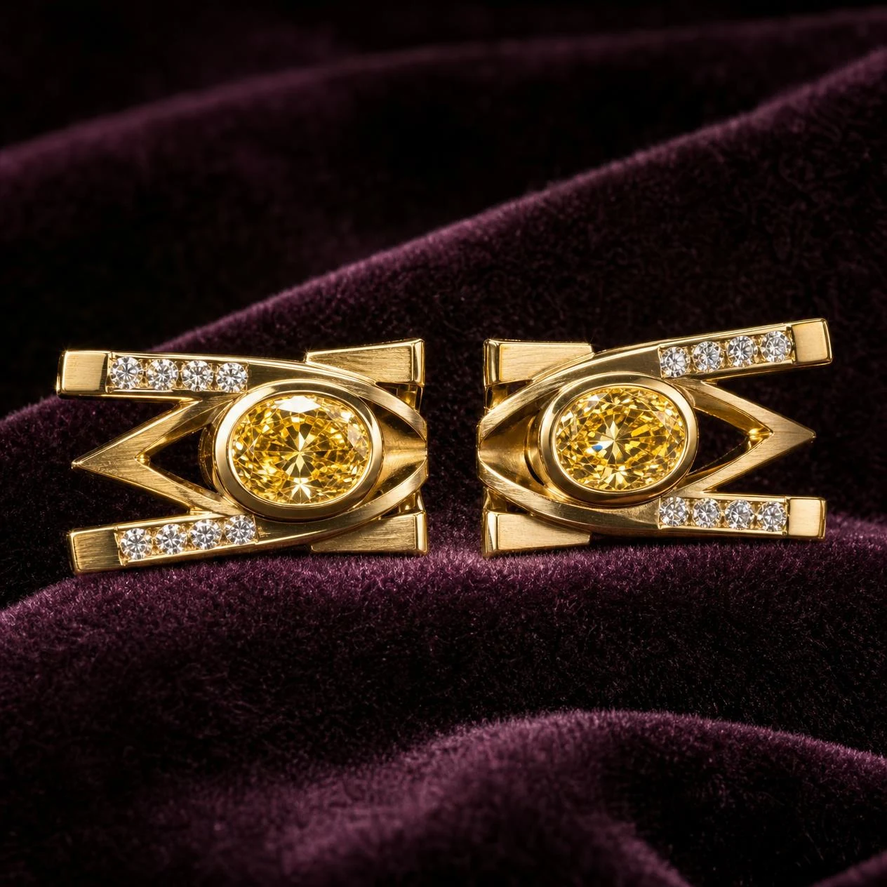 Quercia Oscuro, 2.12 ct tw oval lab grown diamond men’s earrings in 14K yellow gold (front view)
