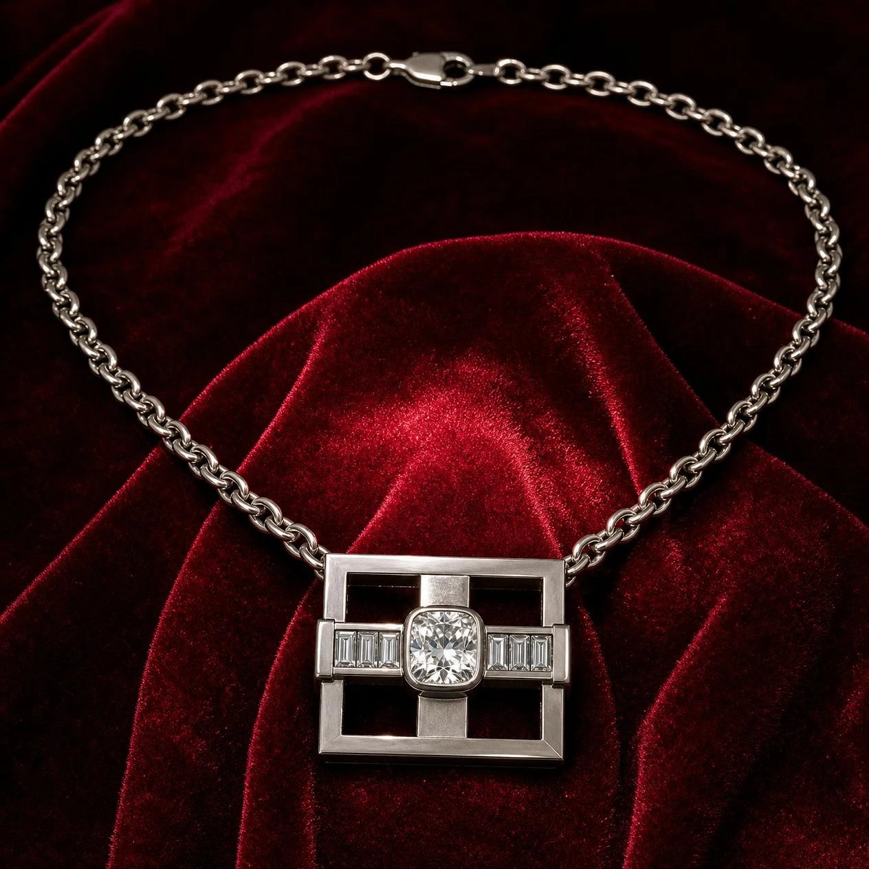 Console di Marmo, 1.1 ct tw cushion lab grown diamond men’s necklace in 14K white gold (front view)