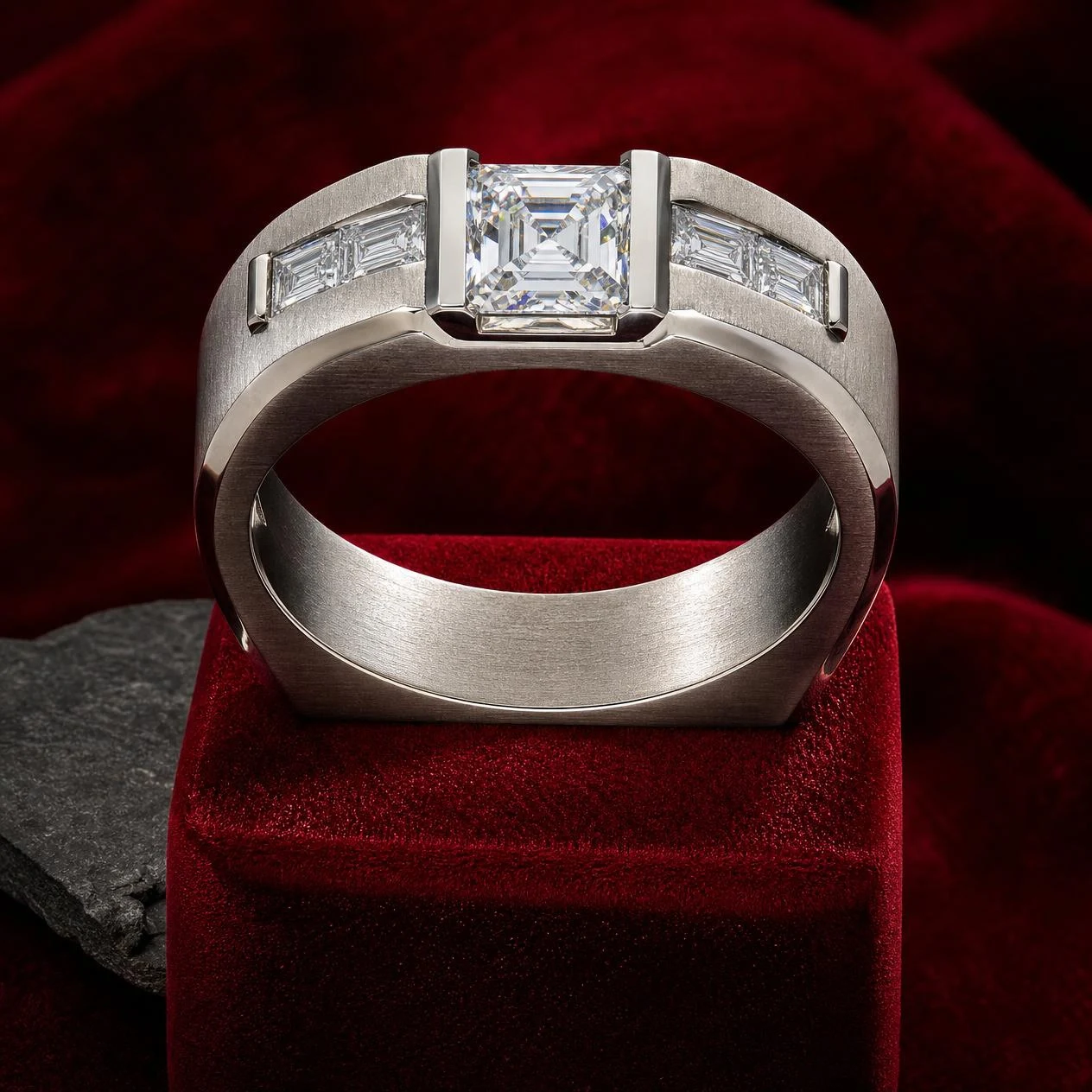 Vessillo del Sud, 1.1 ct tw asscher lab grown diamond men’s ring in 14K white gold (front view)