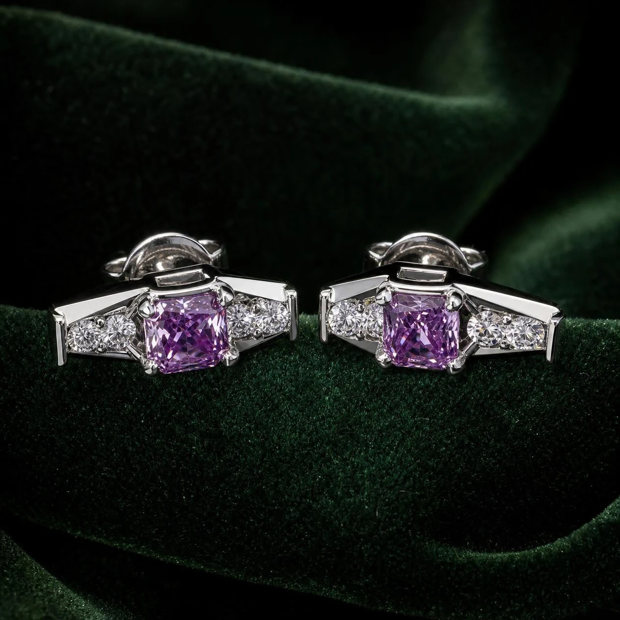 Caricia Luminosa, 1.42 ct tw radiant lab grown diamond earrings in 14K white gold (front view)