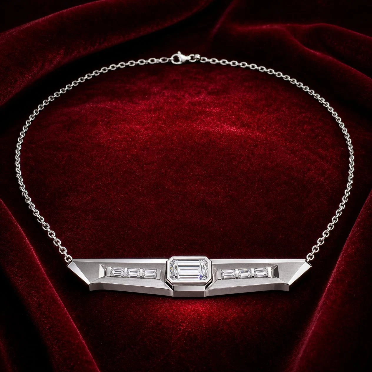 Leone Saldo, 1.09 ct tw baguette lab grown diamond men’s necklace in 14K white gold (front view)