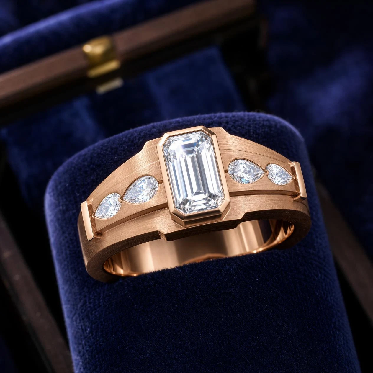 Maestrale Severo, 1.19 ct tw emerald lab grown diamond men’s ring in rose gold (front view)