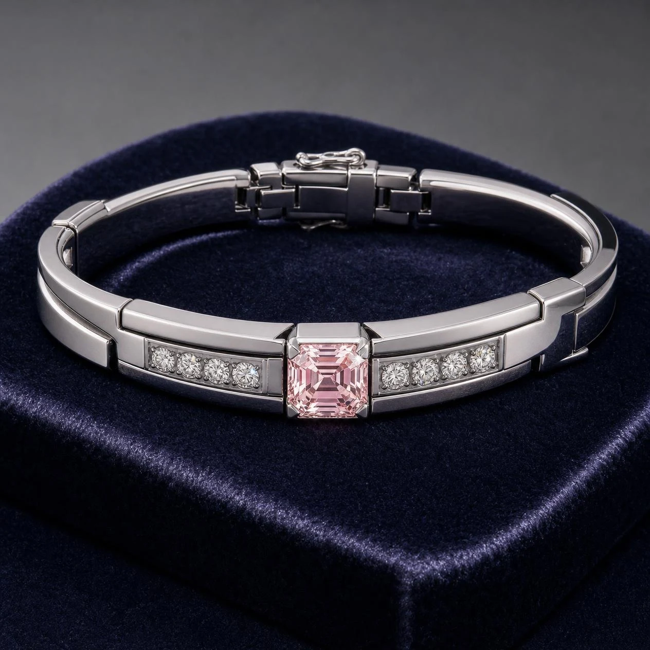 Tramonto di Marmo, 1.45 ct tw asscher lab grown diamond men’s bracelet in 14K white gold (front view)