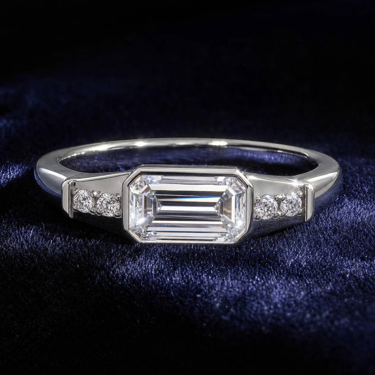 Flamme di Seta, 0.93 ct tw emerald lab grown diamond ring in 14K white gold (front view)