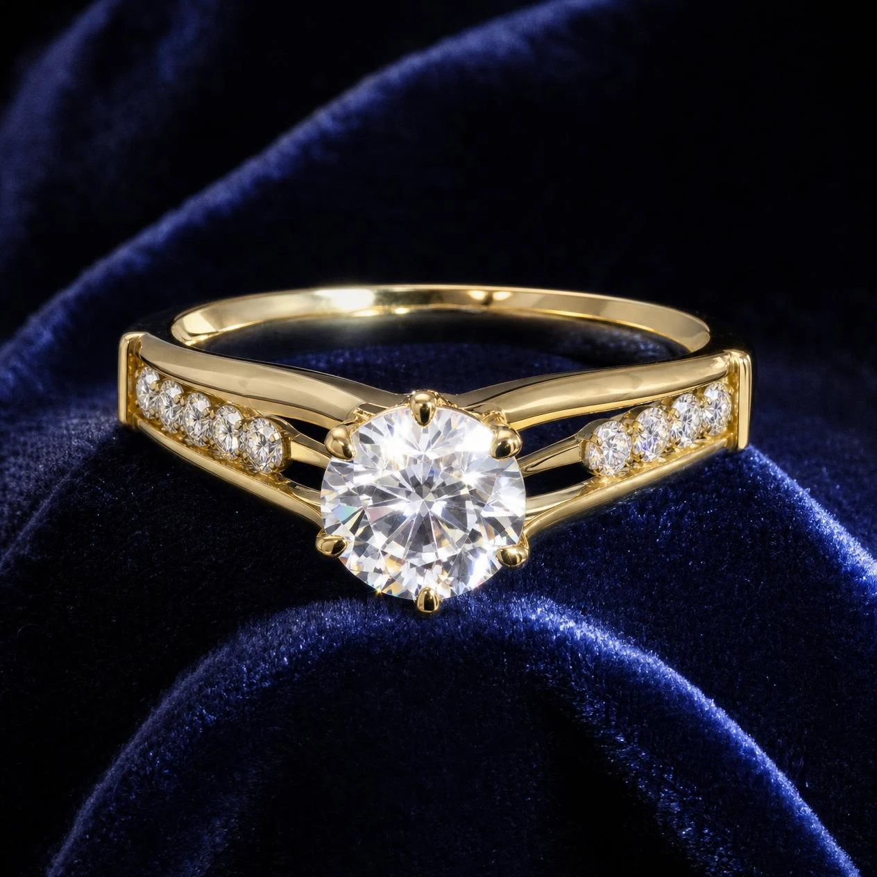 Rive Velata, 1.36 ct tw round lab grown diamond ring in 14K yellow gold (front view)