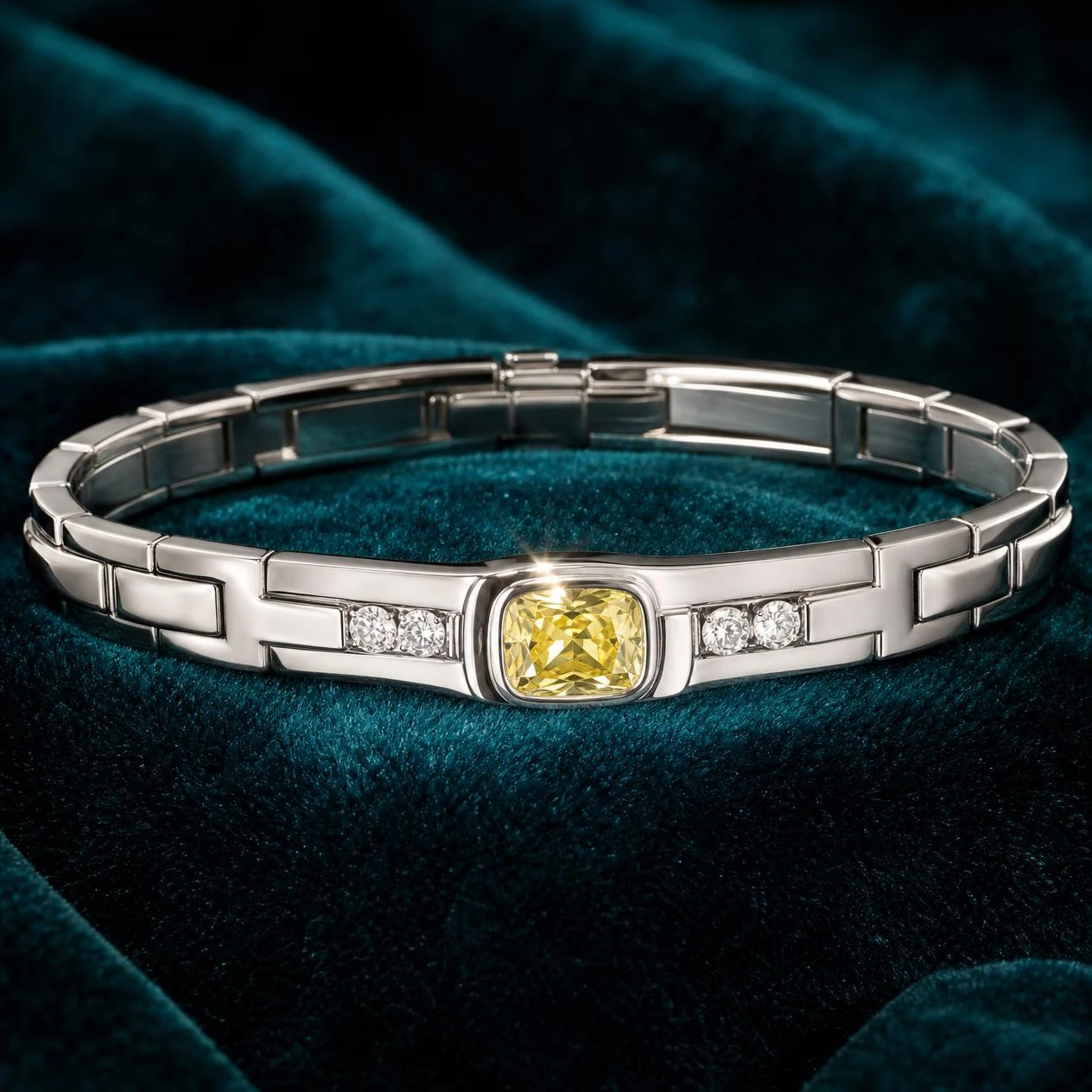 Orizzonte Fermo, 1.35 ct tw cushion lab grown diamond men’s bracelet in 14K white gold (front view)
