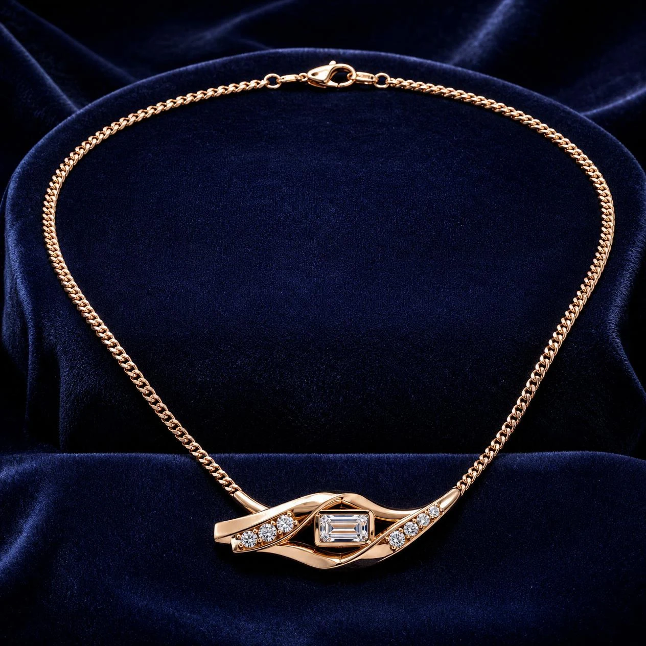 Aurora d'Autunno, 1.14 ct tw baguette lab grown diamond necklace in rose gold (front view)
