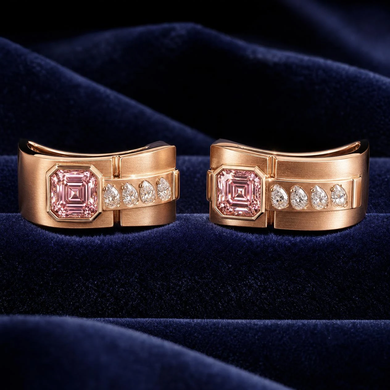Condottiero Supremo, 2 ct tw asscher lab grown diamond men’s earrings in rose gold (front view)