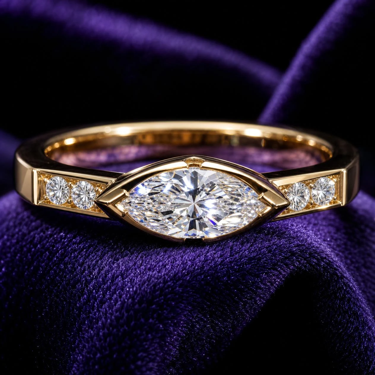 Lavanda Nascosta, 1.4 ct tw marquise lab grown diamond ring in 14K yellow gold (front view)
