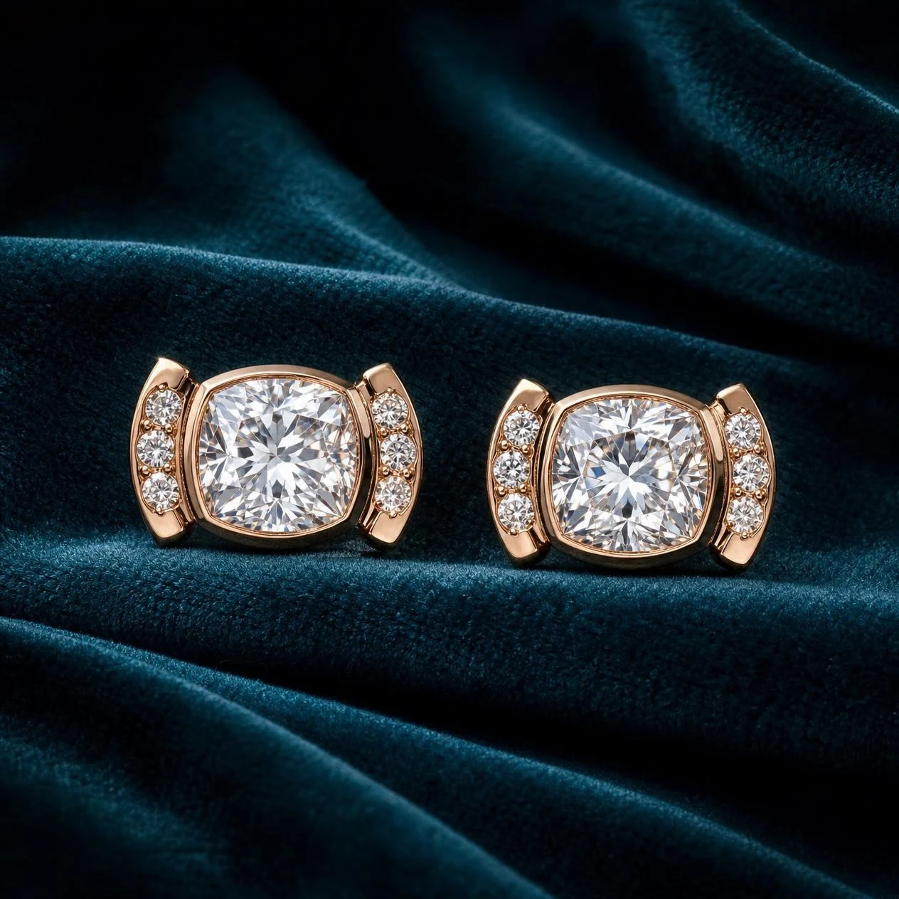 Soie Suspendue, 1.74 ct tw cushion lab grown diamond earrings in rose gold (front view)