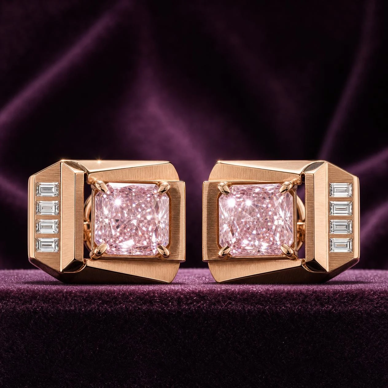 Titano di Platino, 1.68 ct tw radiant lab grown diamond men’s earrings in rose gold (front view)