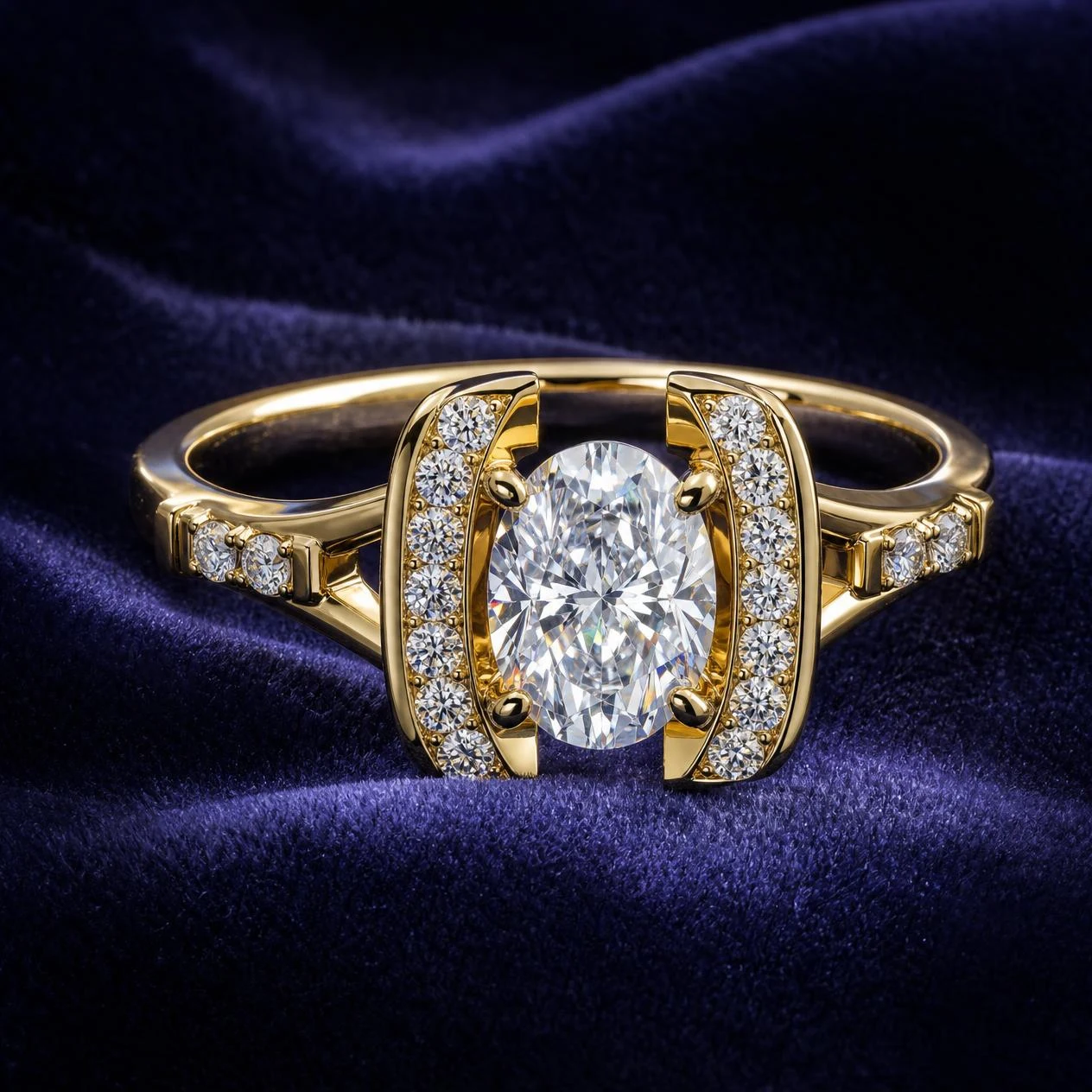 Dalia de Minuit, 1.13 ct tw oval lab grown diamond ring in 14K yellow gold (front view)