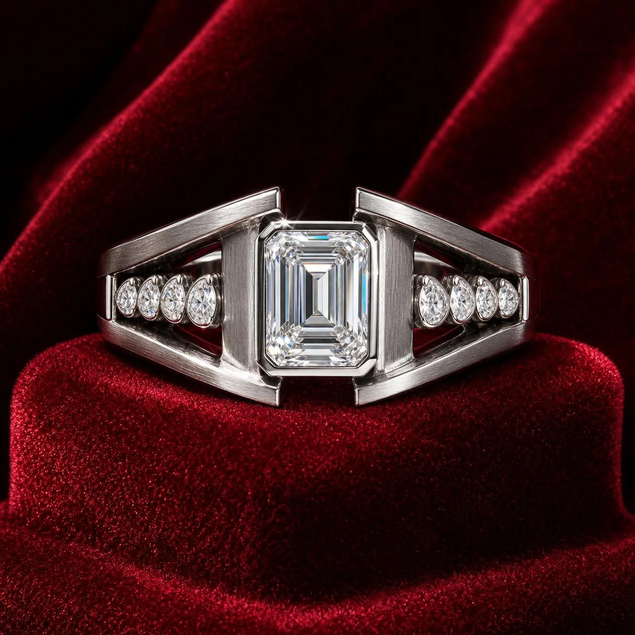 Ammiraglio di Venezia, 1.32 ct tw emerald lab grown diamond men’s ring in 14K white gold (front view)
