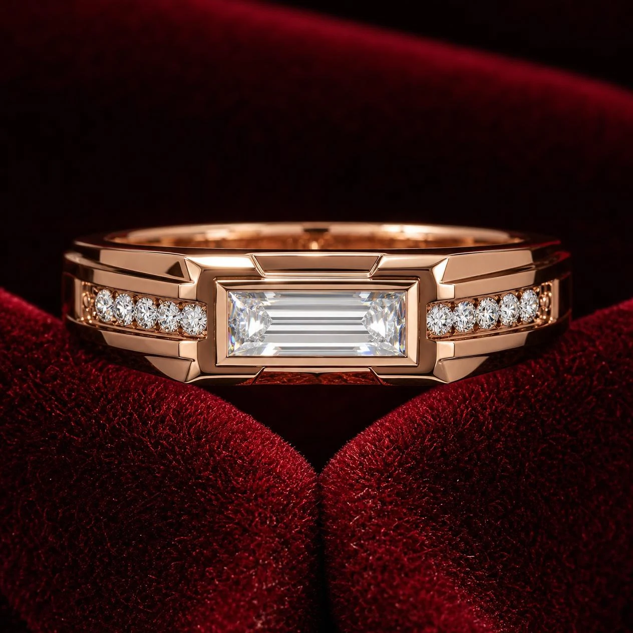 Leone Fiero, 0.71 ct tw baguette lab grown diamond men’s ring in rose gold (front view)