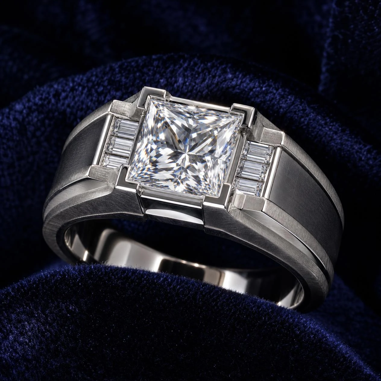 Tempesta Fermo, 1.4 ct tw princess lab grown diamond men’s ring in 14K white gold (front view)