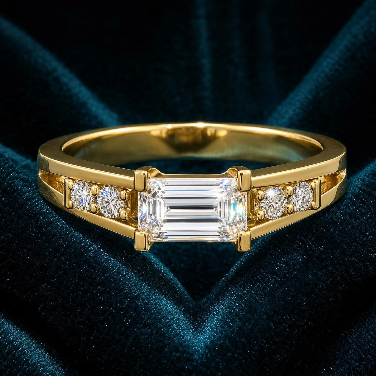 Melodia Lumineuse, 0.58 ct tw emerald lab grown diamond ring in 14K yellow gold (front view)