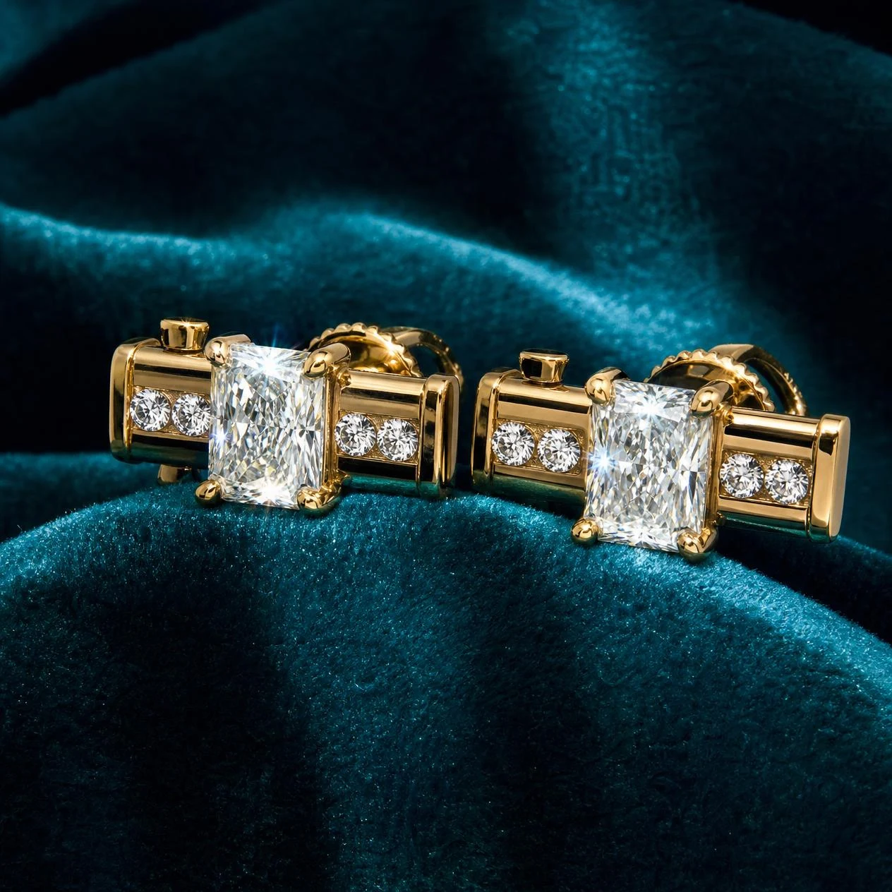 Cedro Profondo, 2.44 ct tw radiant lab grown diamond men’s earrings in 14K yellow gold (front view)