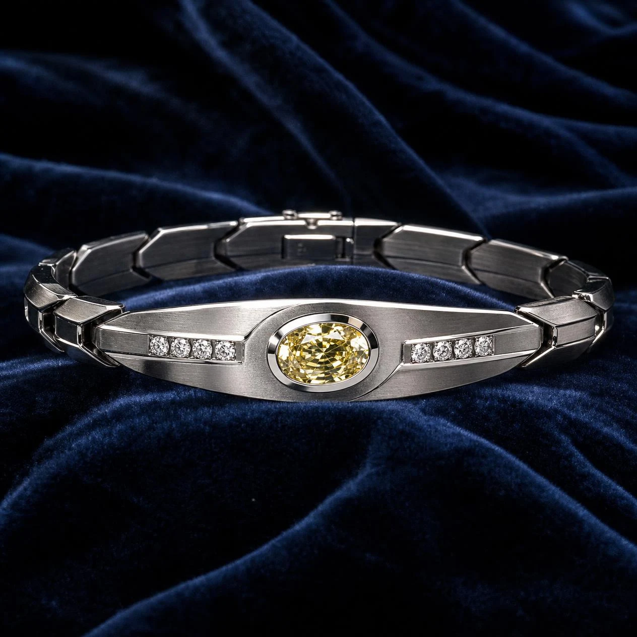 Vulcano di Granito, 1.14 ct tw oval lab grown diamond men’s bracelet in 14K white gold (front view)