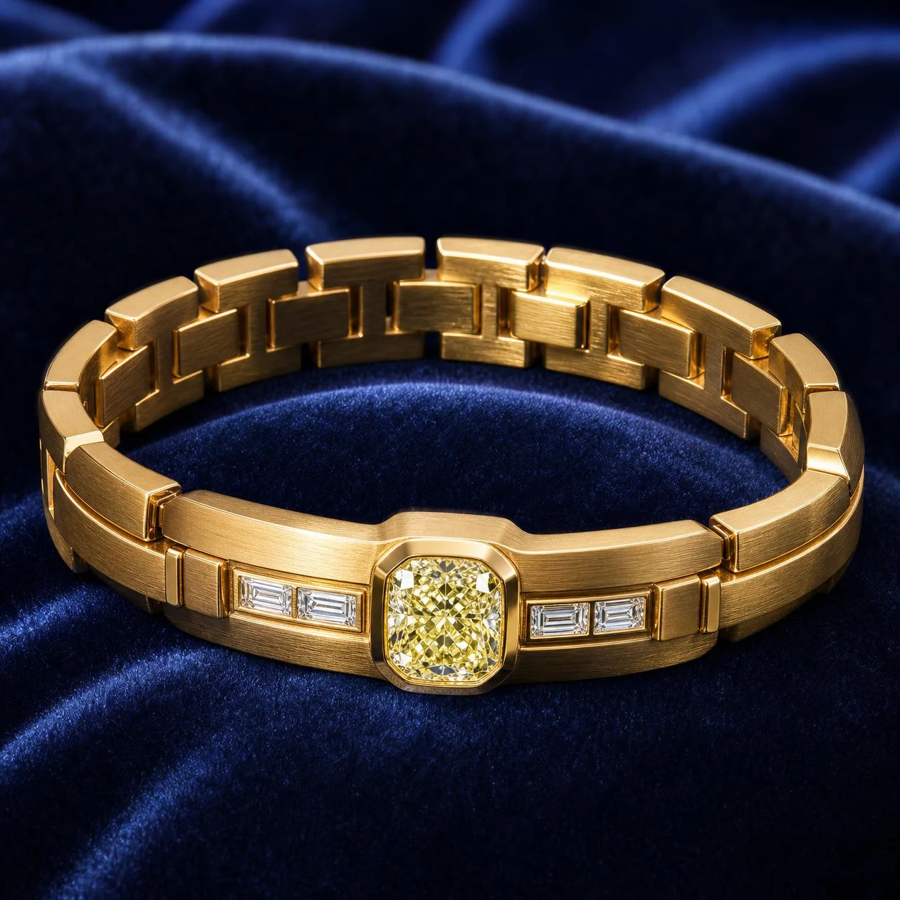 Cedro di Ferro, 1.15 ct tw cushion lab grown diamond men’s bracelet in 14K yellow gold (front view)