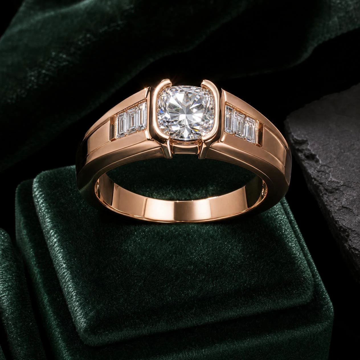 Senatore Imperiale, 1.28 ct tw cushion lab grown diamond men’s ring in rose gold (front view)