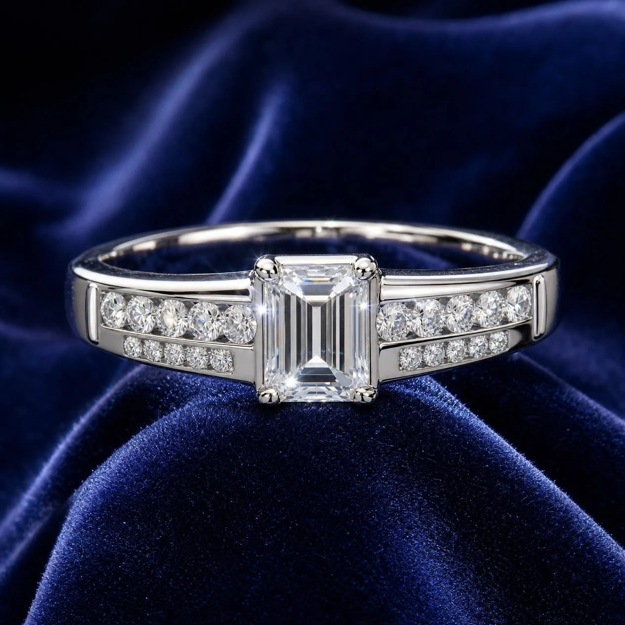 Eterna Secrète, 1.44 ct tw emerald lab grown diamond ring in 14K white gold (front view)
