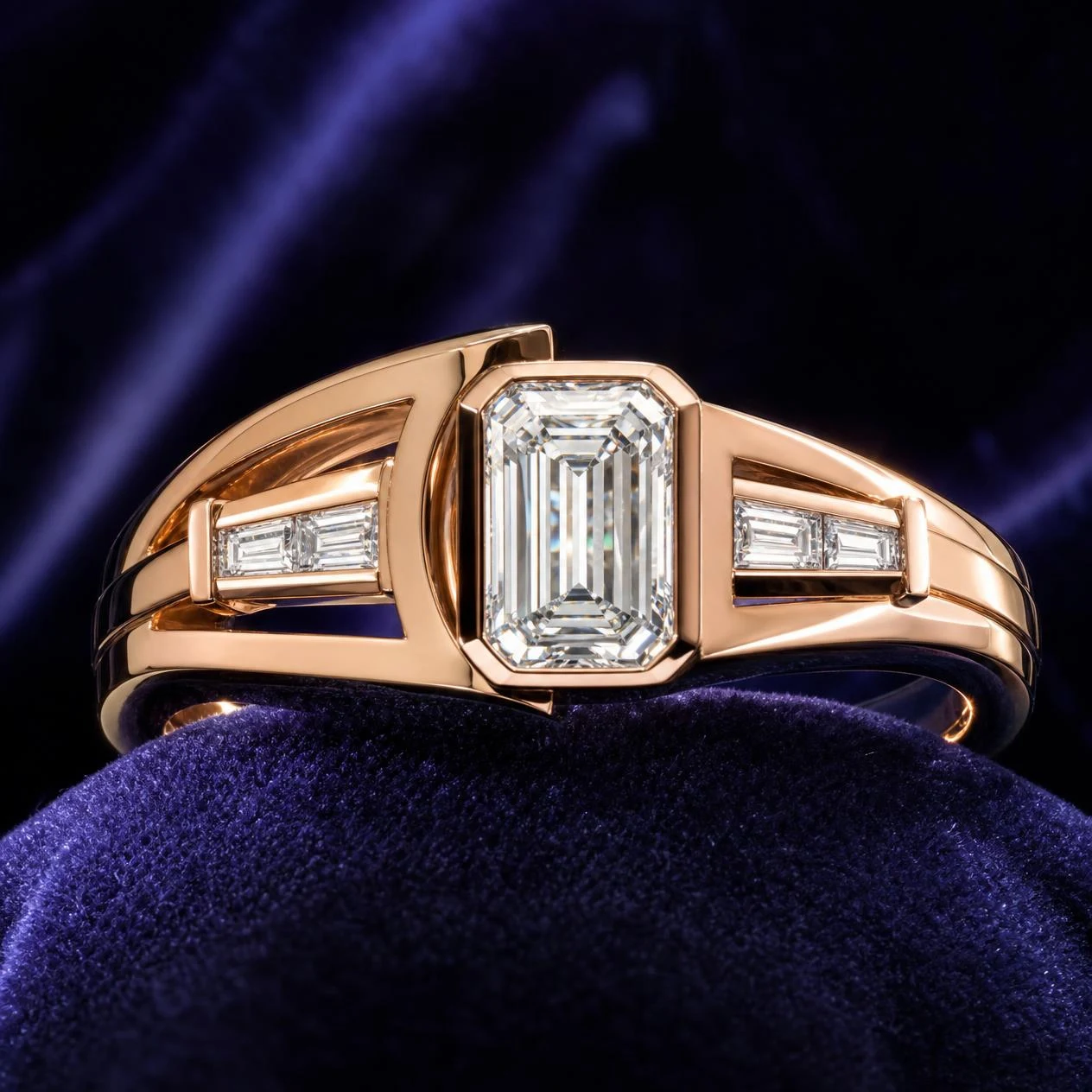 Vulcano Maestoso, 0.71 ct tw emerald lab grown diamond men’s ring in rose gold (front view)
