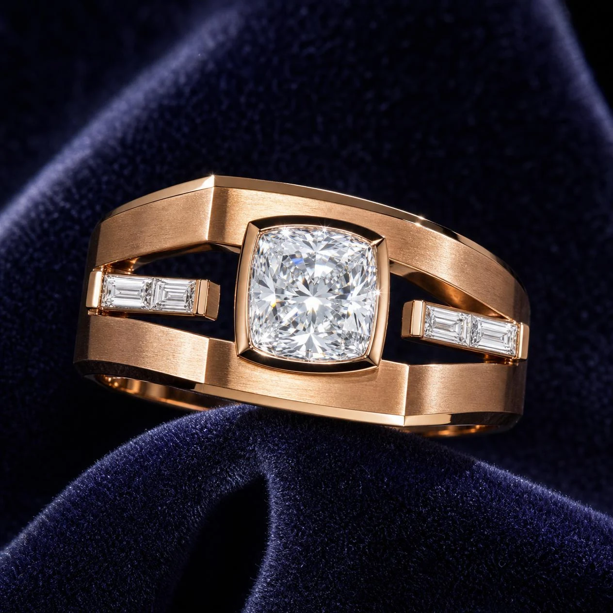 Navigatore del Sud, 1.06 ct tw cushion lab grown diamond men’s ring in rose gold (front view)