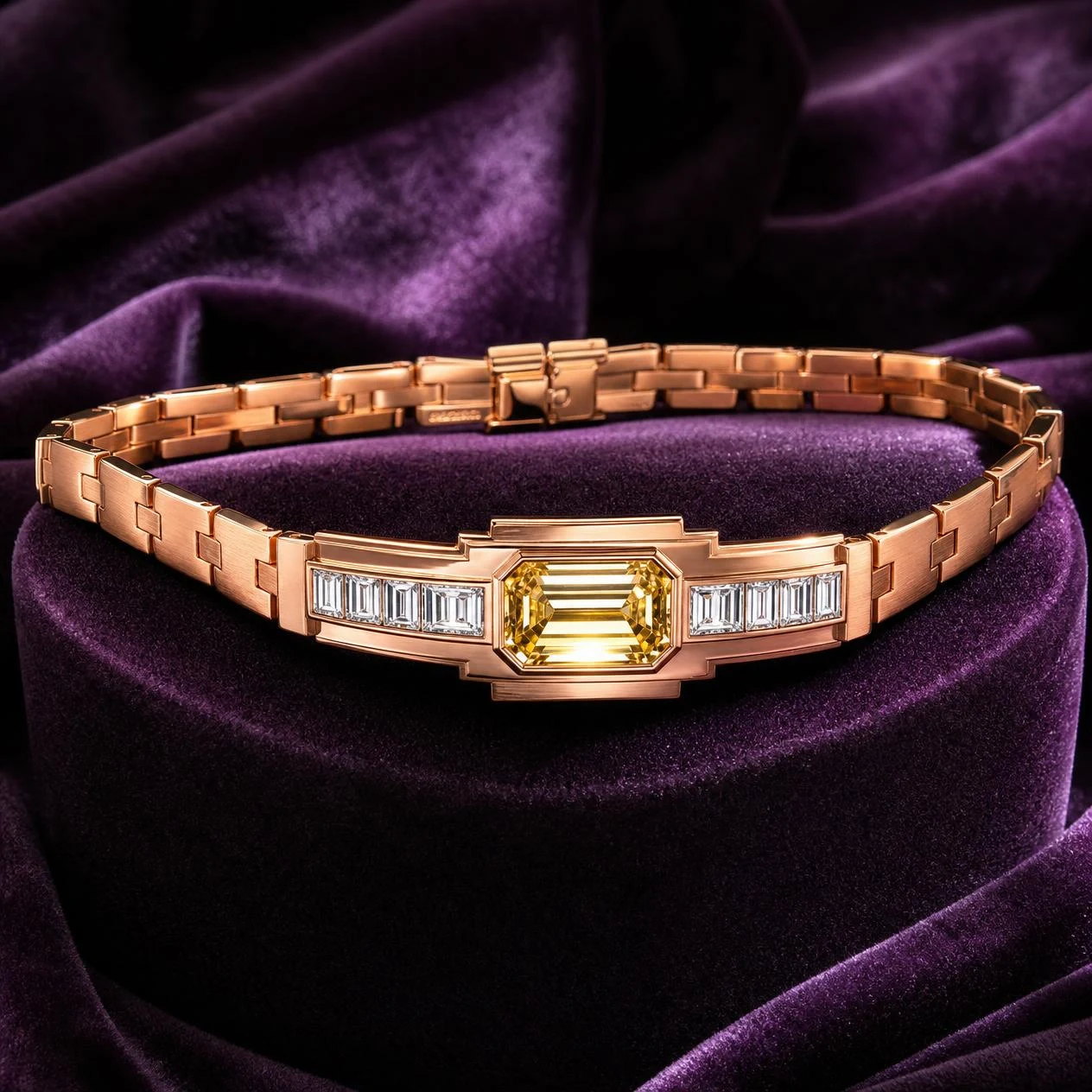 Scudo Sovrano, 1.3 ct tw emerald lab grown diamond men’s bracelet in rose gold (front view)