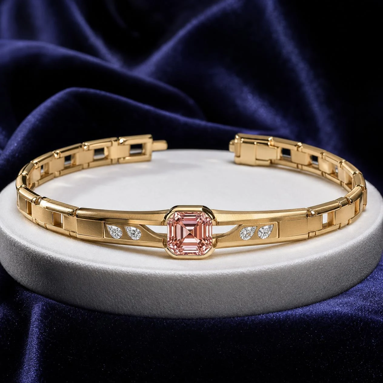 Platino Sovrano, 1.3 ct tw asscher lab grown diamond men’s bracelet in 14K yellow gold (front view)