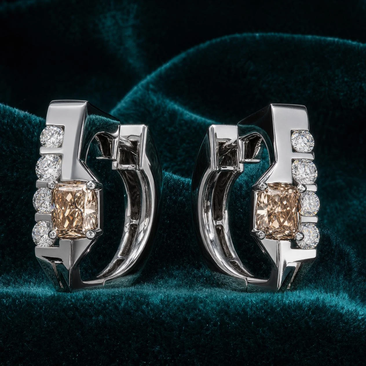 Mirada Sagrada, 1.64 ct tw radiant lab grown diamond earrings in 14K white gold (front view)