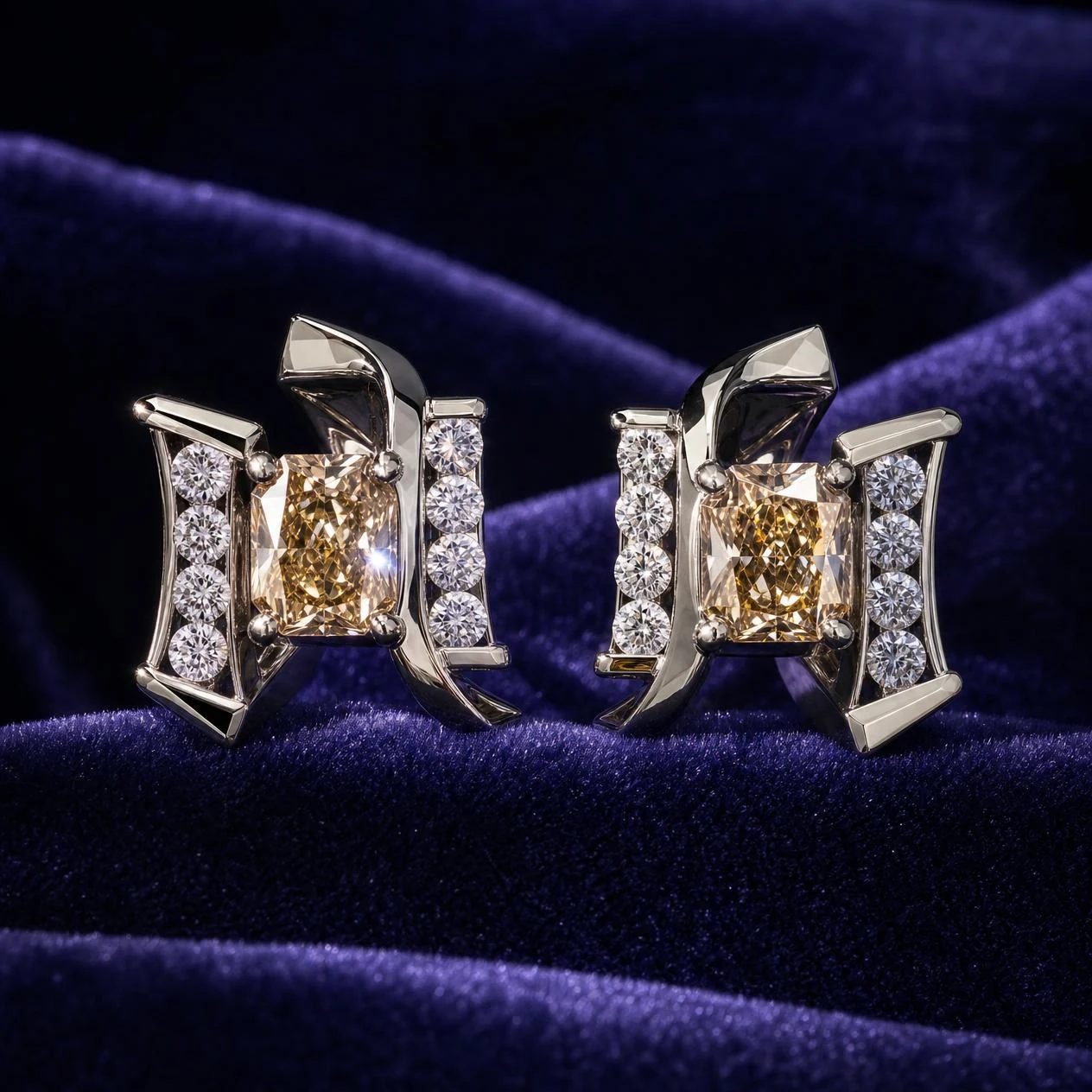 Fuego de Mar, 1.7 ct tw radiant lab grown diamond earrings in 14K white gold (front view)