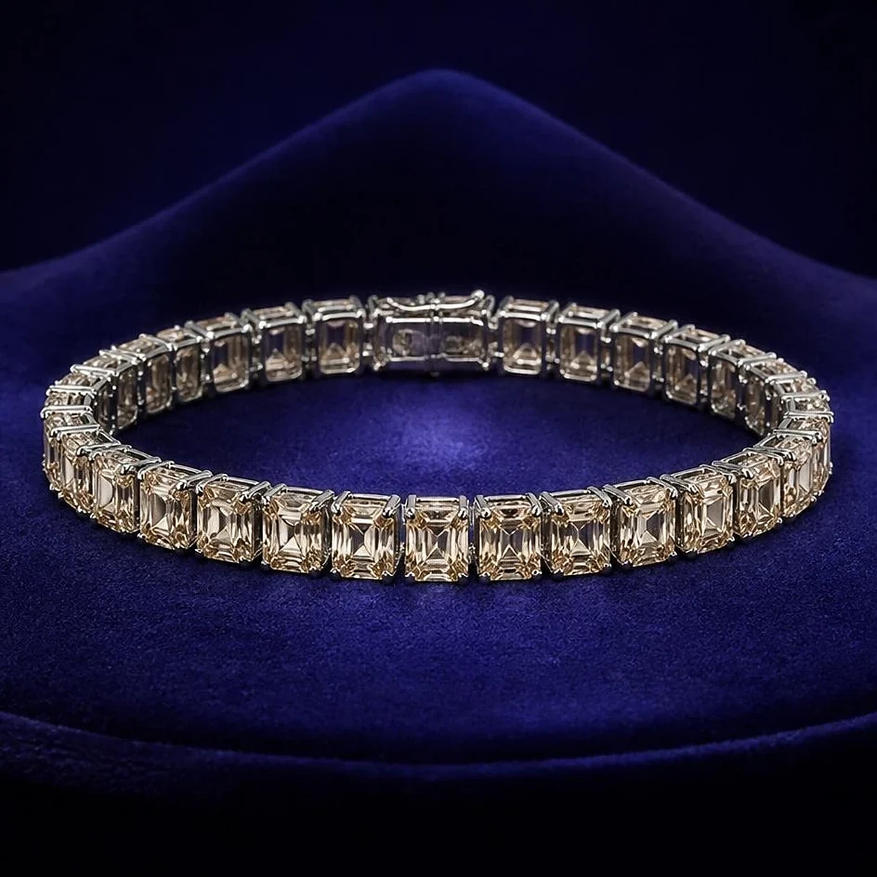 Champagne Pâle de Quinze, 15 ct emerald lab grown diamond bracelet in 18K white gold (front view)