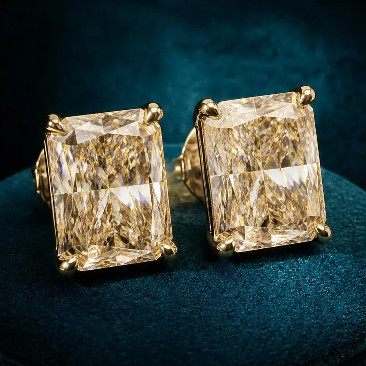 Corona Serena, 8.3 ct tw radiant lab grown diamond earrings in 14K yellow gold (front view)