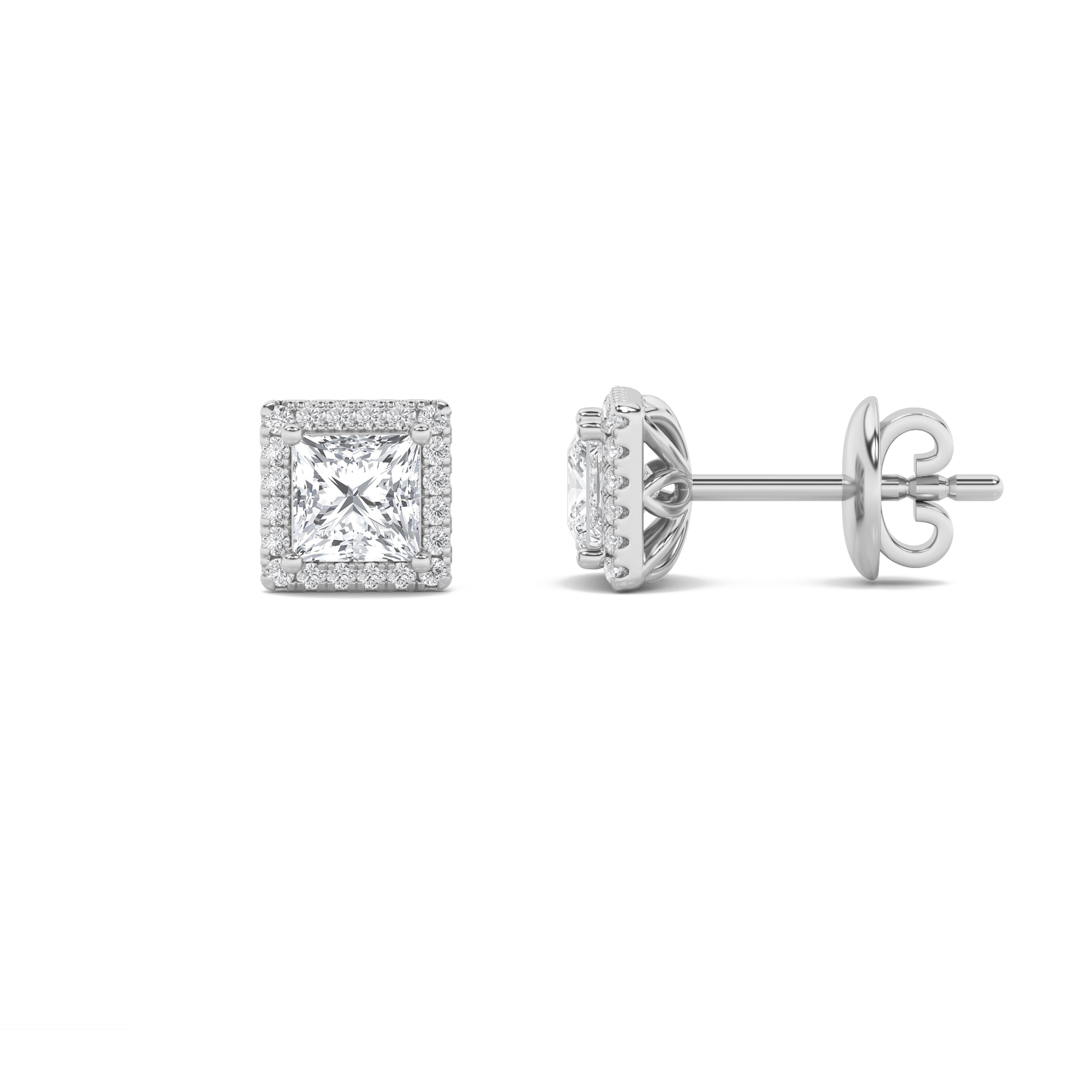 2Cttw Princess Shaped Lab Grown Diamond (F/VS) Halo Stud Earrings in 14K Gold