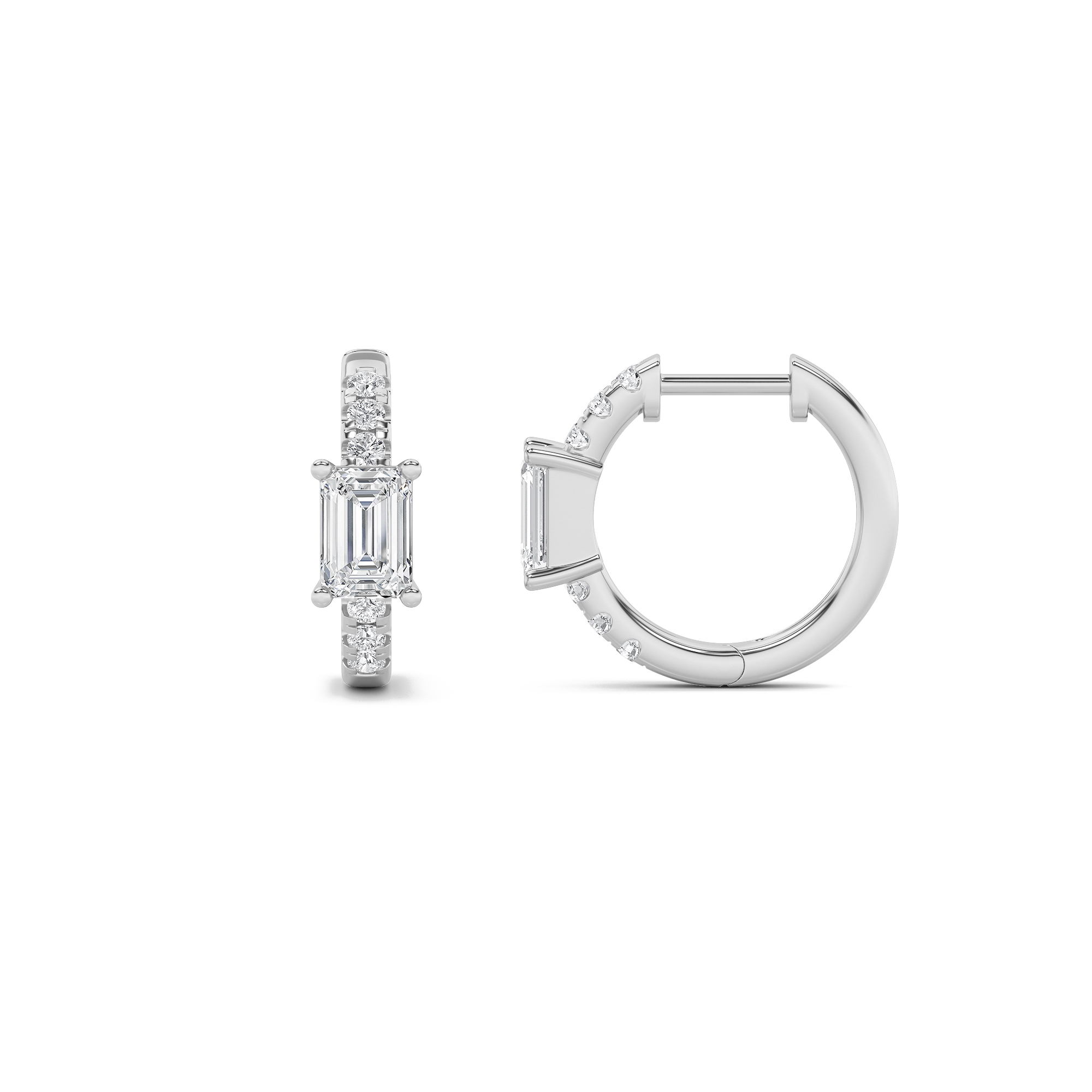 1.5Cttw Emerald Shaped Lab Grown Diamond (G/VS) Solitare Accent Huggie Earrings in 14K Gold