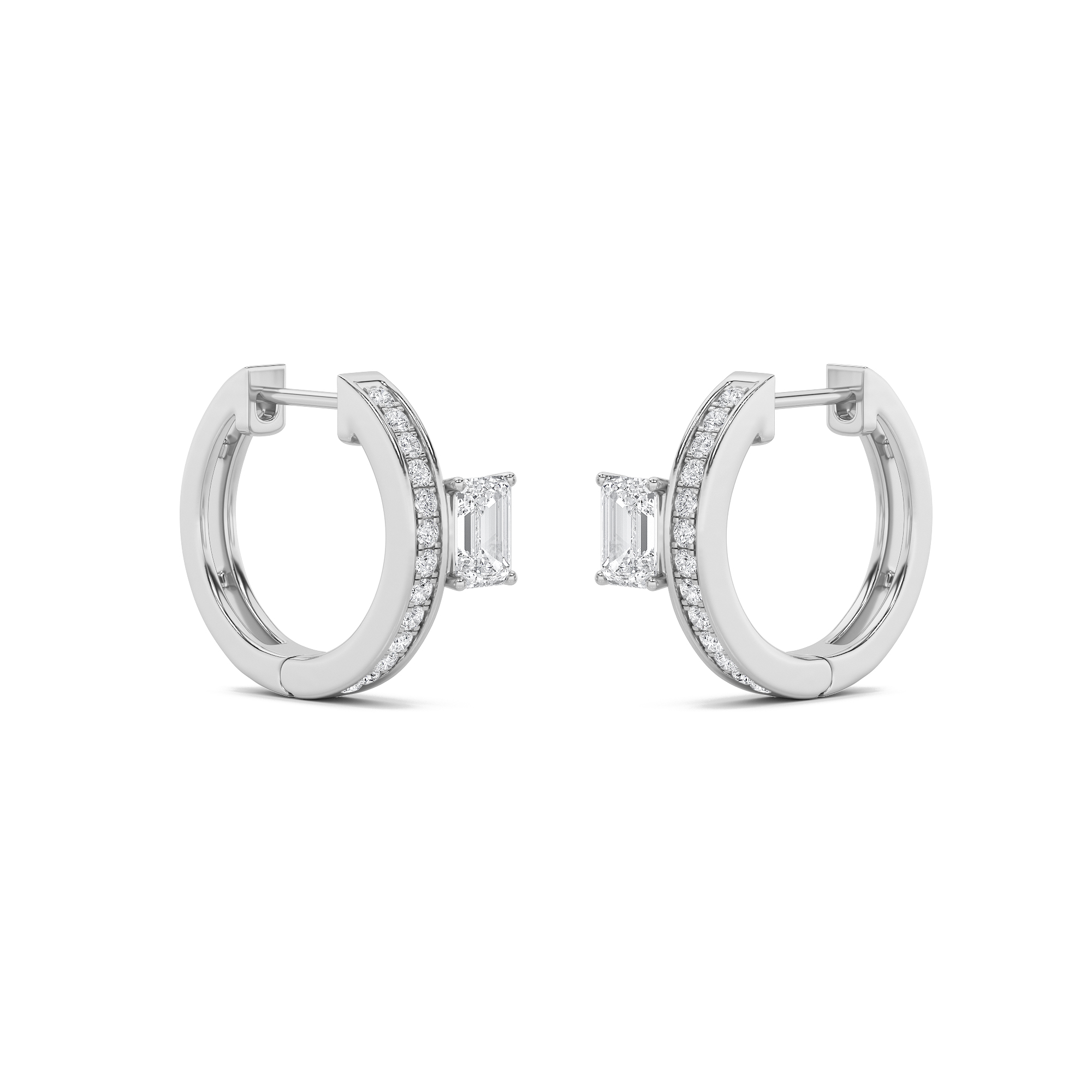 Accented Huggie Earrings  with Emerald Shaped Lab Grown Diamond (F/VS) in 14K Gold view 3
