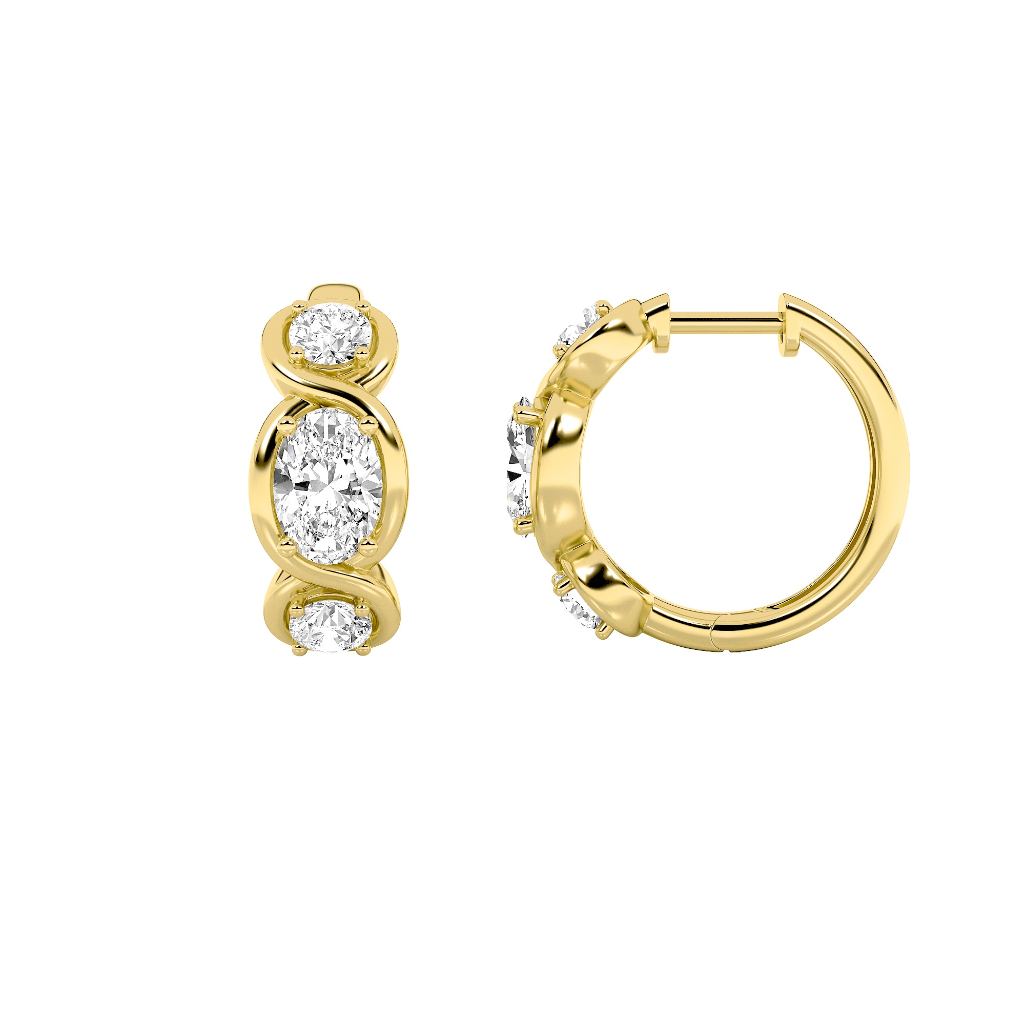 2.5Cttw Oval Shaped Lab Grown Diamond (F/VS) Three Stone Huggie Earrings in 14K Gold