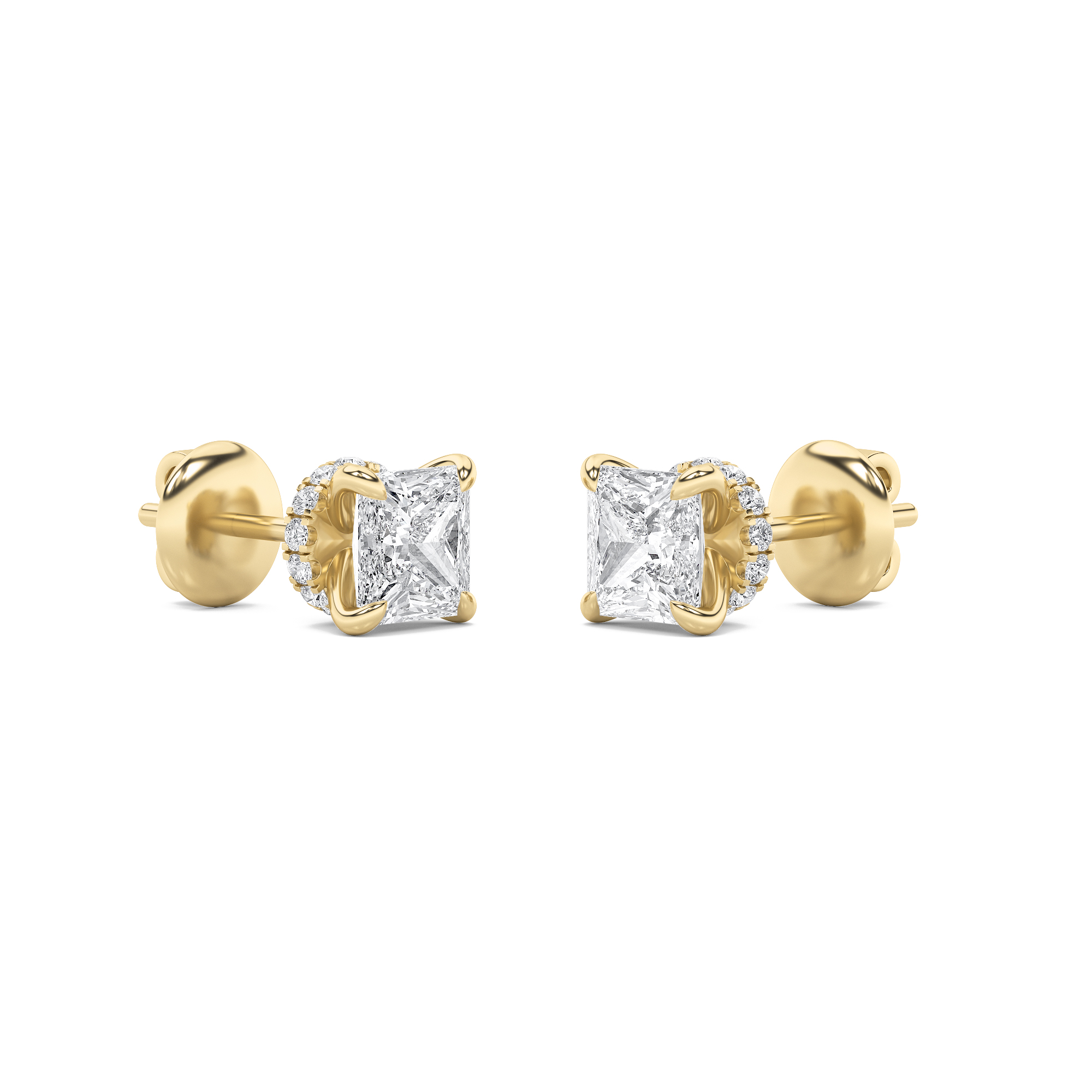 Hidden Halo Stud Earrings  with Princess Shaped Lab Grown Diamond (F/VS) in 14K Gold view 3