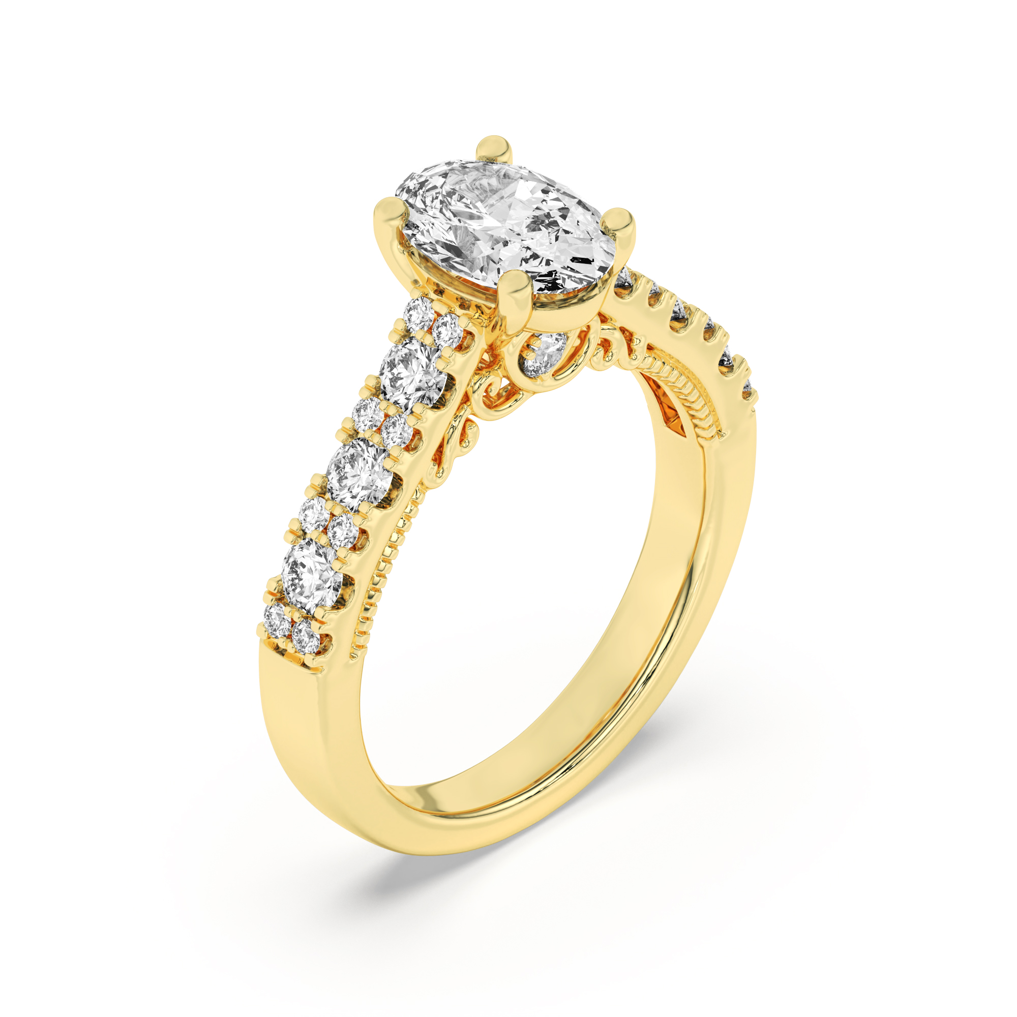 Accented Milgrain Engagement Ring  with Oval Shaped Lab Grown Diamond (F/VS) in 14K Gold view 3