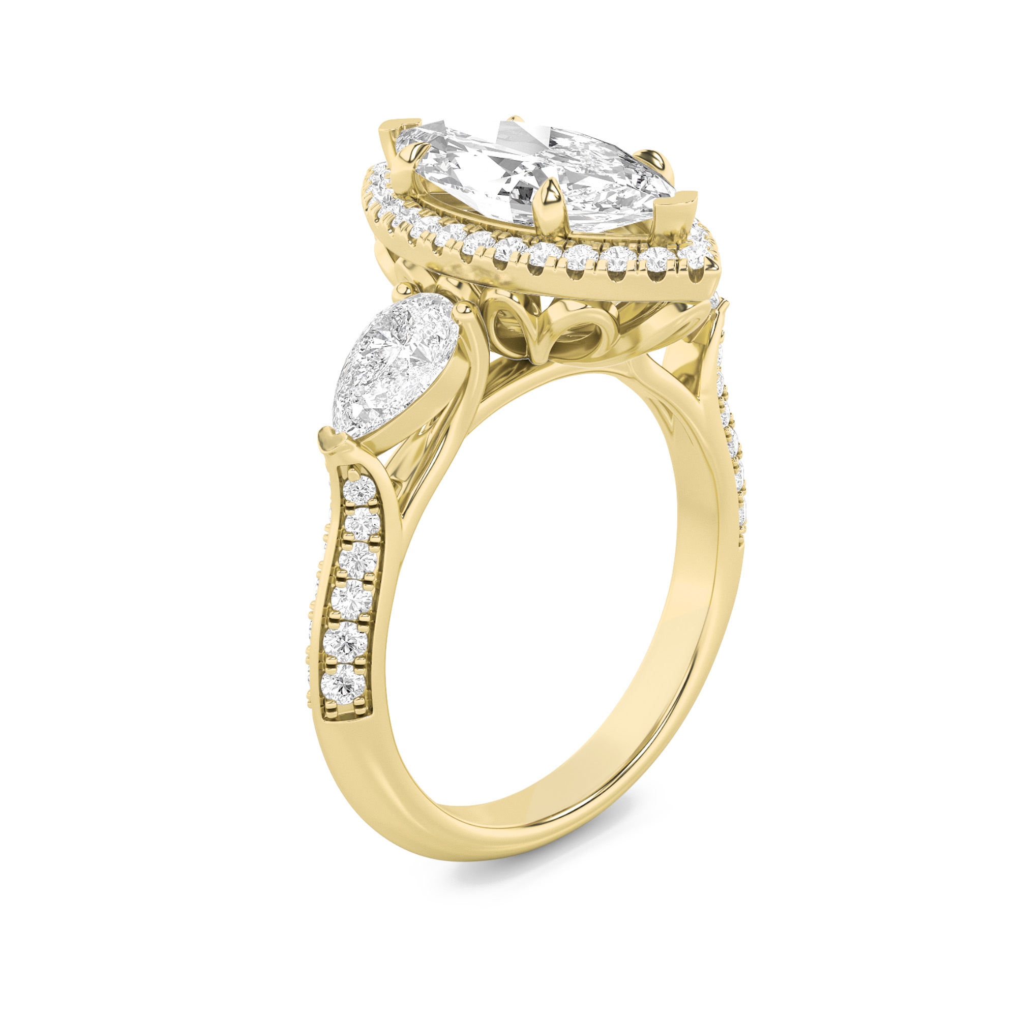 Three Stone Halo Enagement Ring  with Marquise Shaped Lab Grown Diamond (F/VS) in 14K Gold view 2