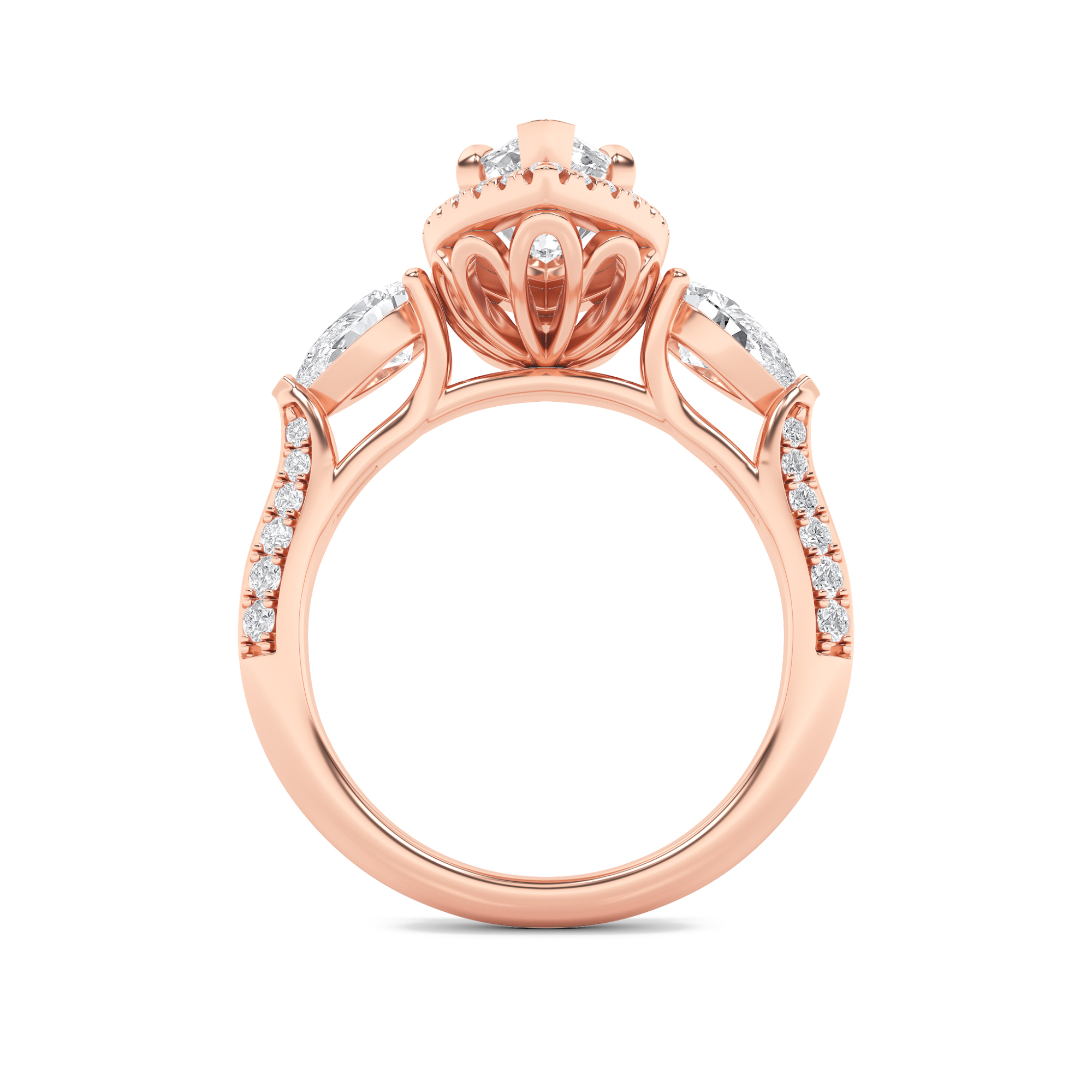 Three Stone Halo Enagement Ring  with Marquise Shaped Lab Grown Diamond (F/VS) in 14K Gold view 3