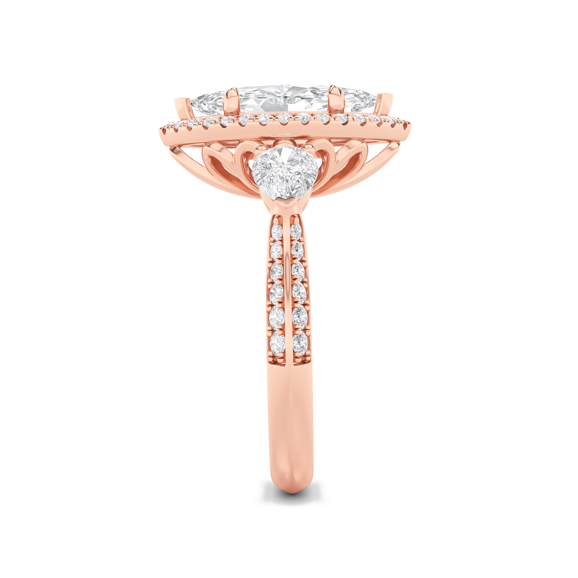 Three Stone Halo Enagement Ring  with Marquise Shaped Lab Grown Diamond (F/VS) in 14K Gold view 4