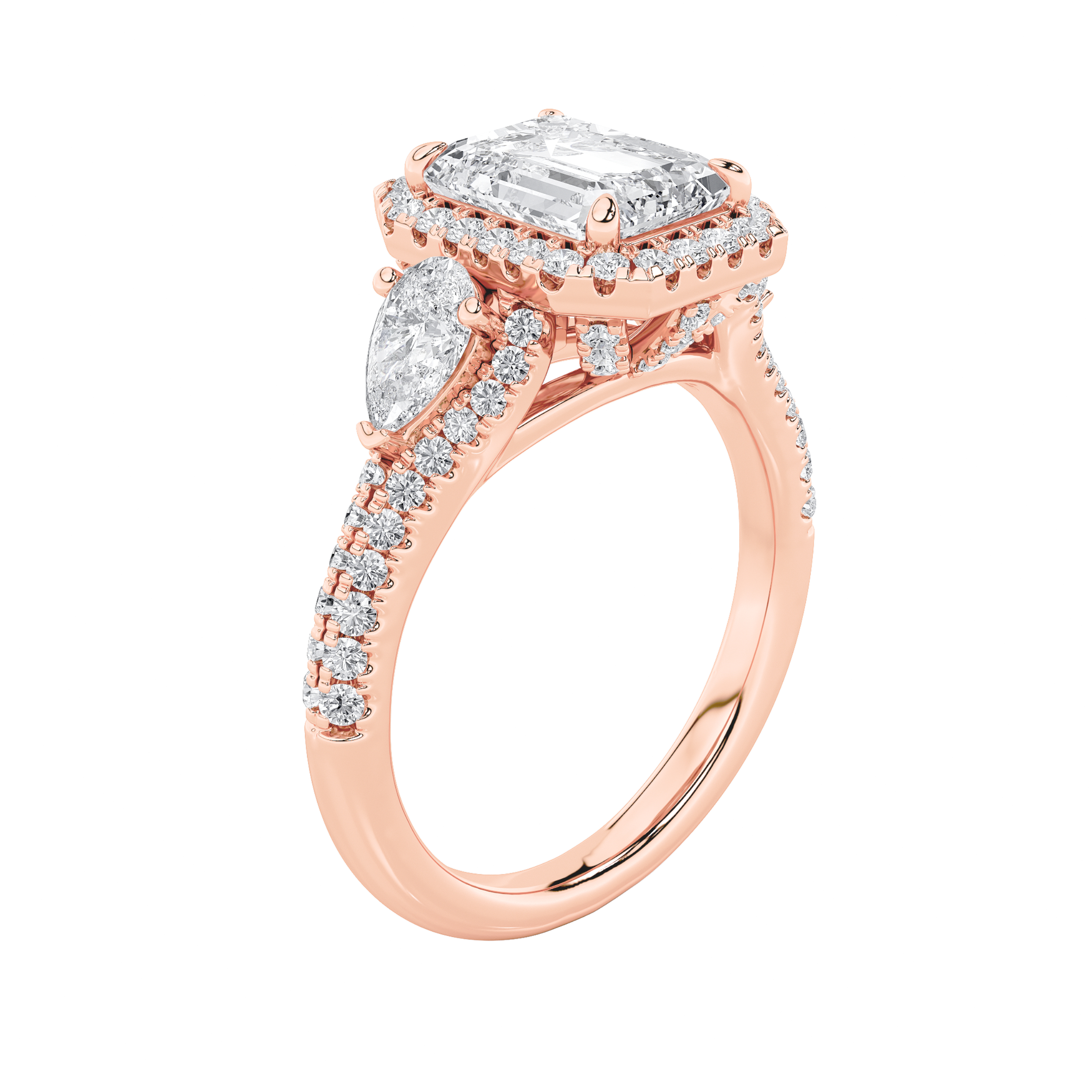 Three Stone Bold Accented Engagement Ring  with Emerald Shaped Lab Grown Diamond (F/VS) in 14K Gold view 3