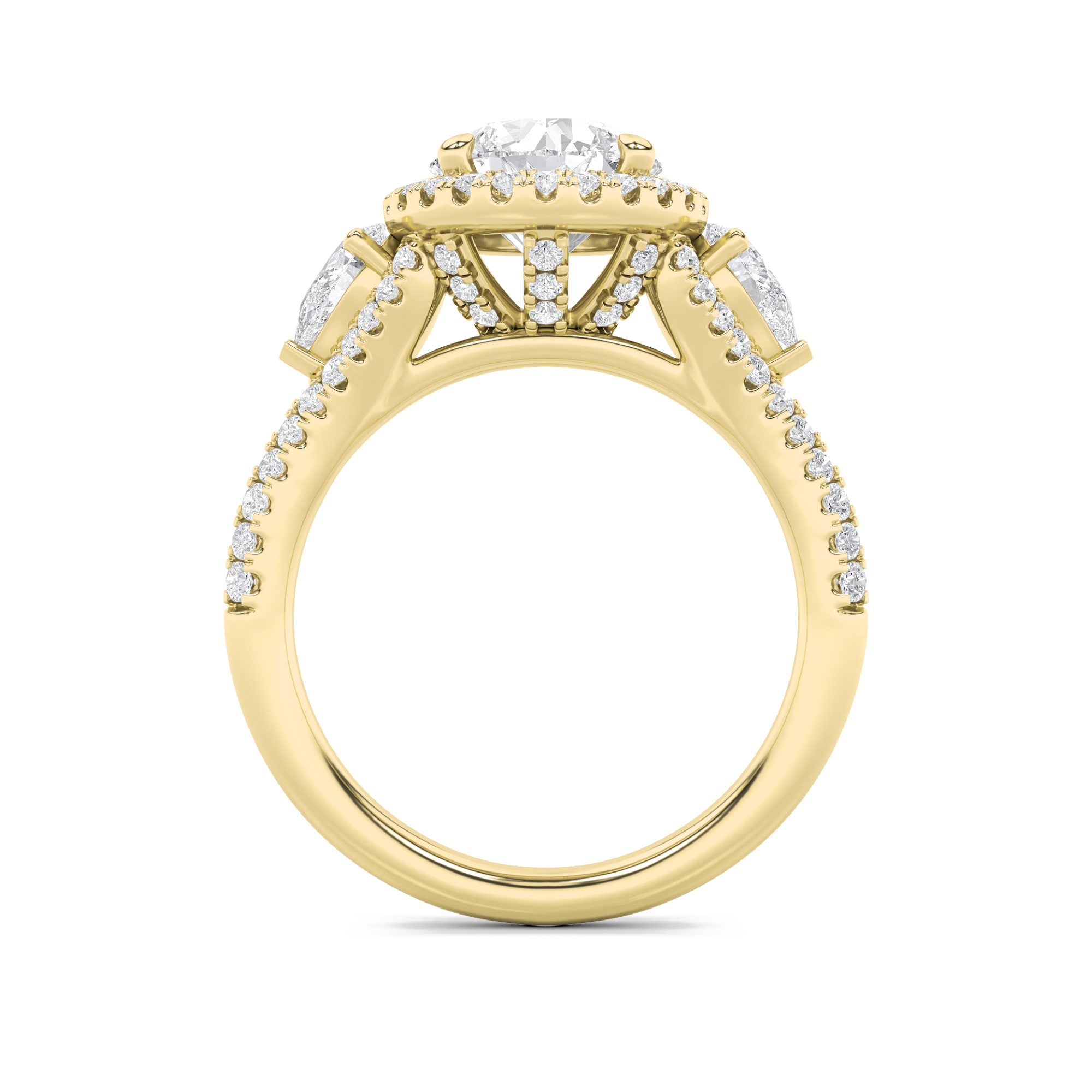 Three Stone Bold Accented Engagement Ring  with Emerald Shaped Lab Grown Diamond (F/VS) in 14K Gold view 4