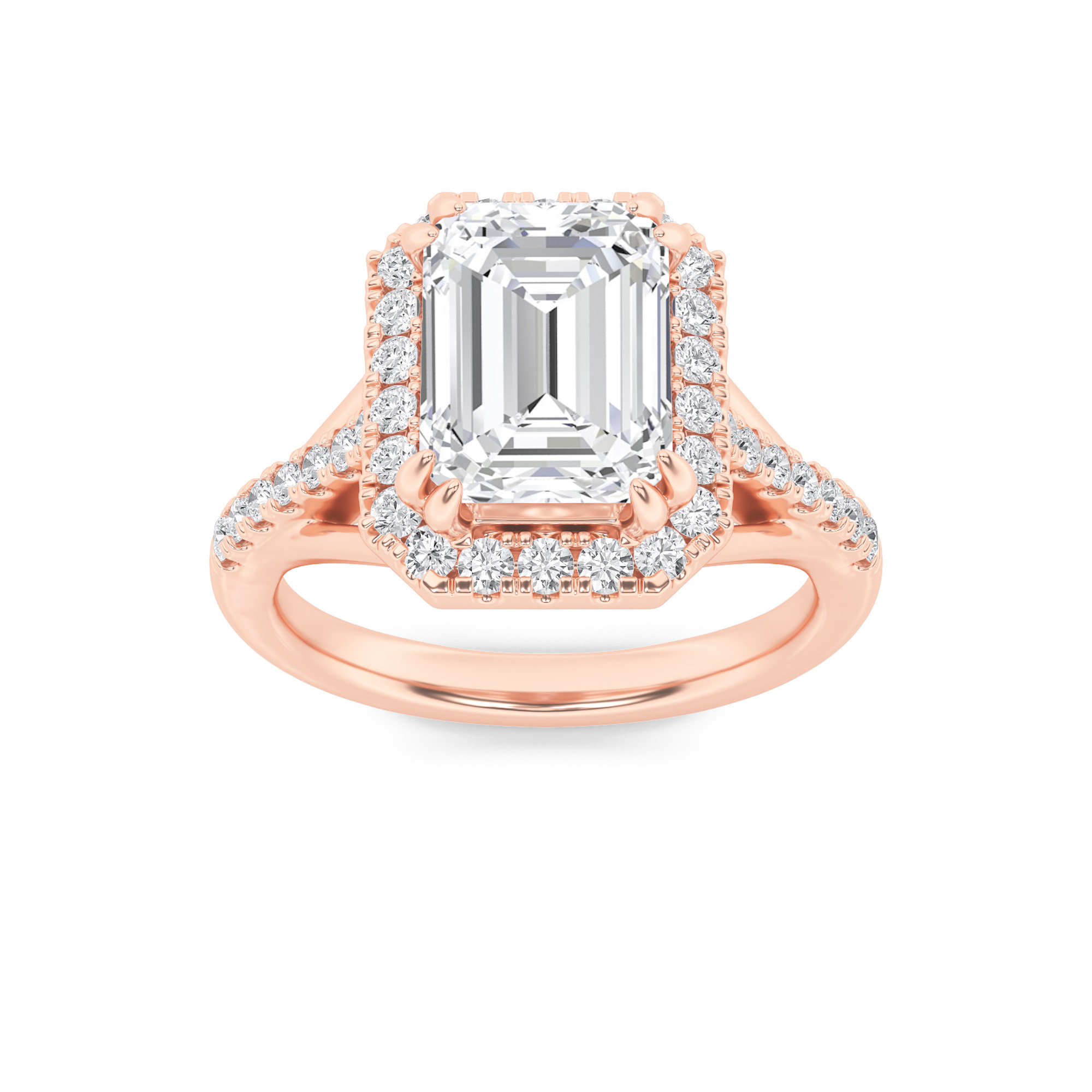 3Cttw Emerald Shaped Lab Grown Diamond (F/VS) Halo Accented Engagement Ring in 14K Gold