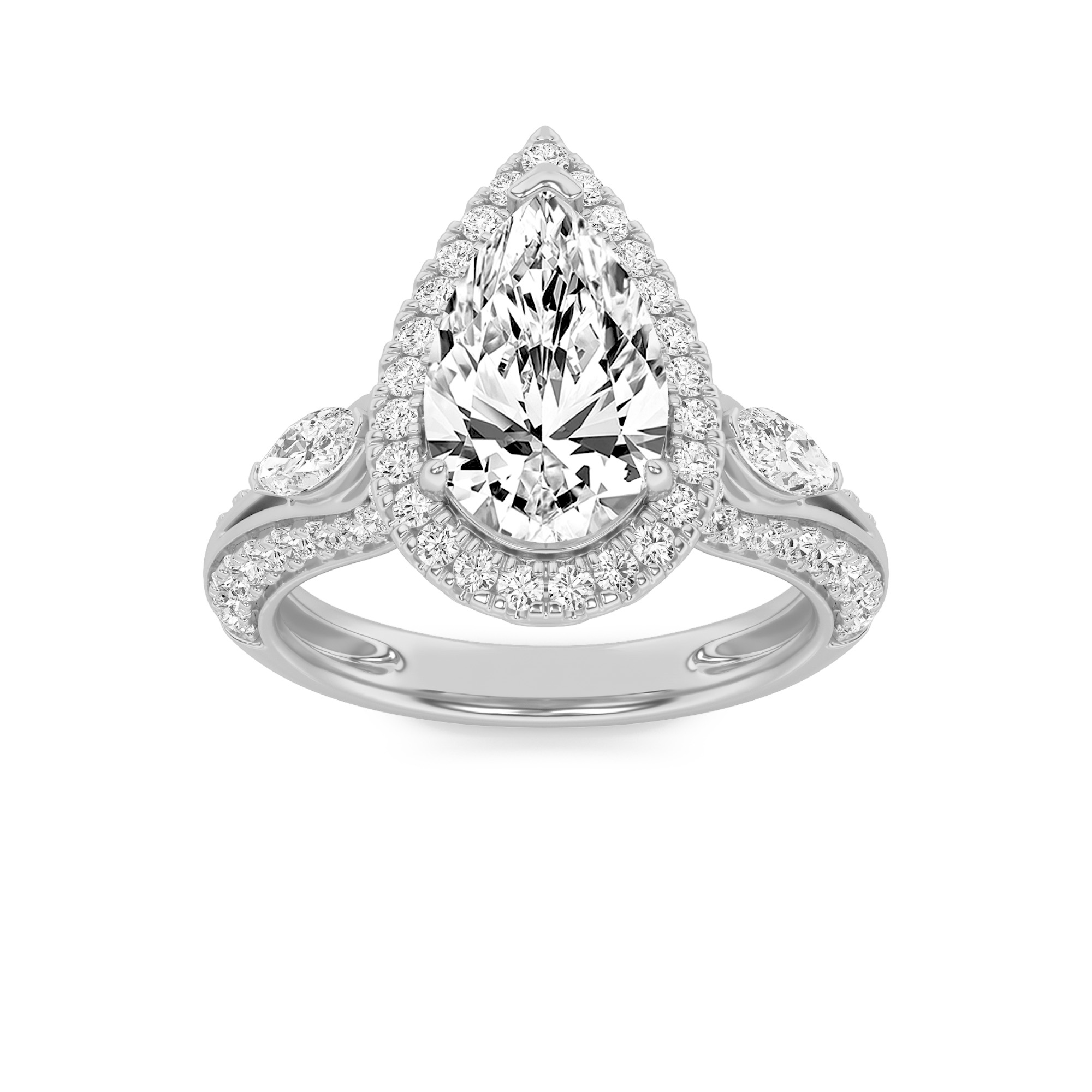3Cttw Pear Shaped Lab Grown Diamond (F/VS) Three Stone Halo Enagement Ring in 14K Gold