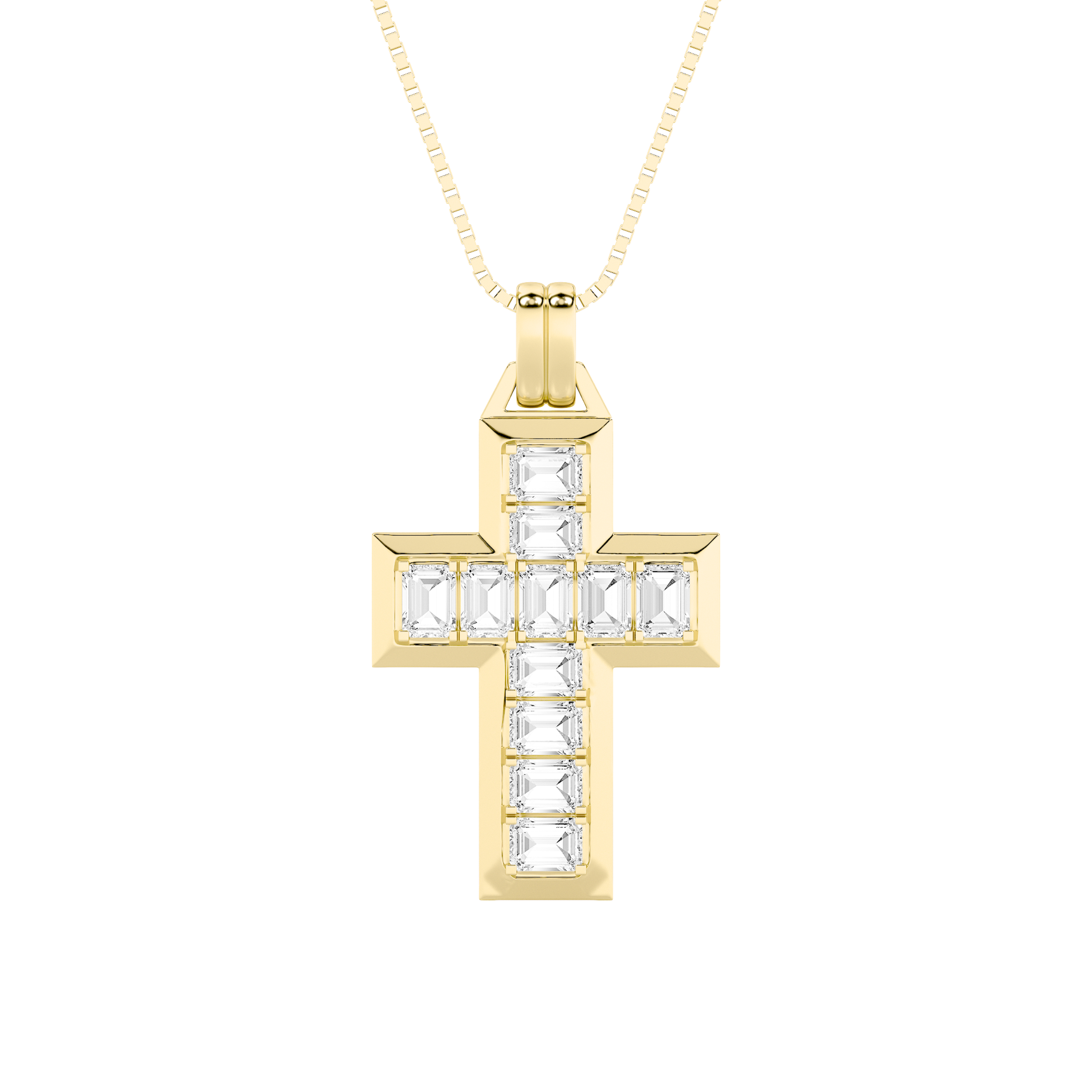 3Cttw Emerald Shaped Lab Grown Diamond (F/VS) Cross Pendant in 14K Gold